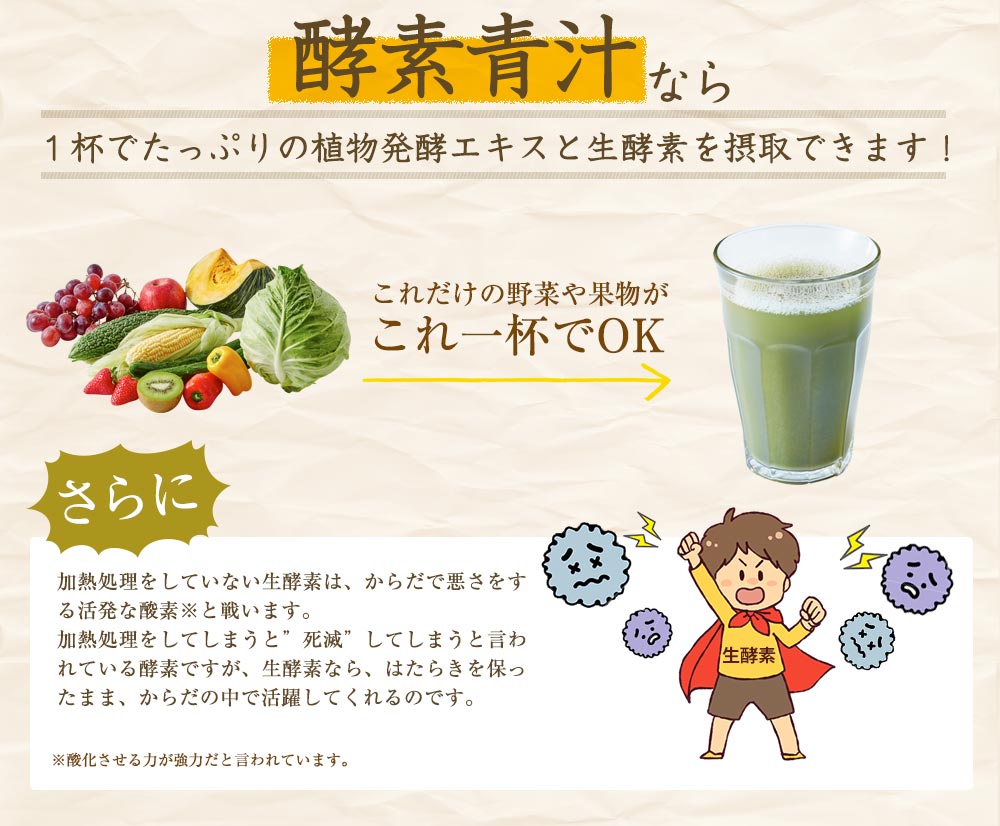 酵素青汁なら1杯でたっぷりの植物発酵エキスと生酵素を摂取できます。