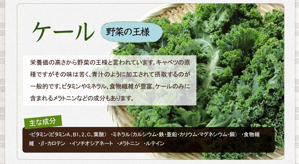 野菜の王様と言われるケールも配合。食物繊維やビタミン、ミネラルが豊富に含まれています。