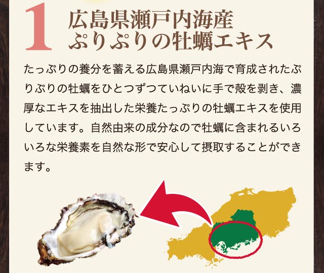 亜鉛サプリメント・牡蠣のチカラαは広島県瀬戸内海産のぷりぷりの牡蠣エキスを使っています。